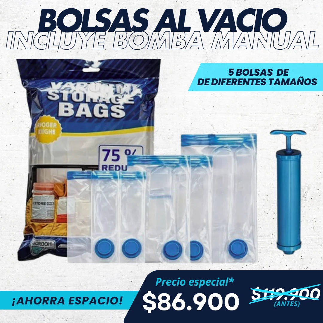 BOLSAS AL VACIO PREMIUM X5 CON VALVULA + BOMBA DE SUCCION
