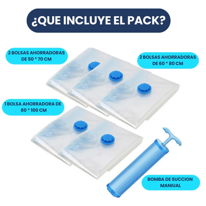 BOLSAS AL VACIO PREMIUM X5 CON VALVULA + BOMBA DE SUCCION